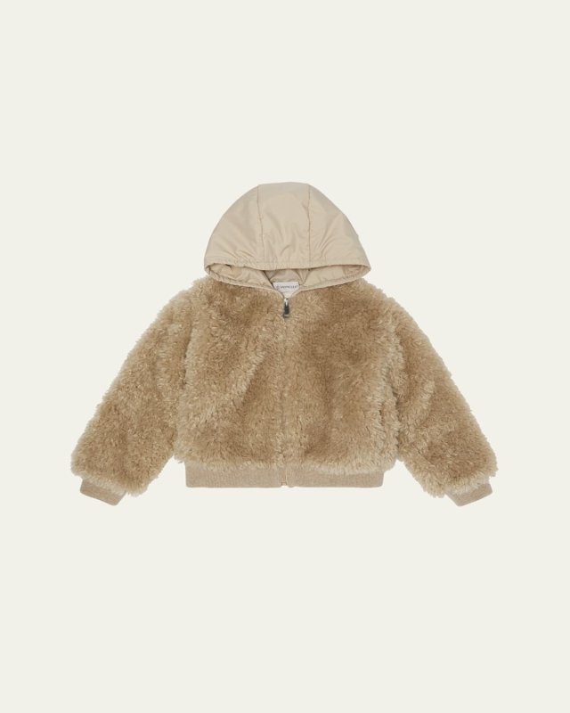 Girl's Teddy Fleece Nylon Hood Zip-Front Cardigan, Size 4-6